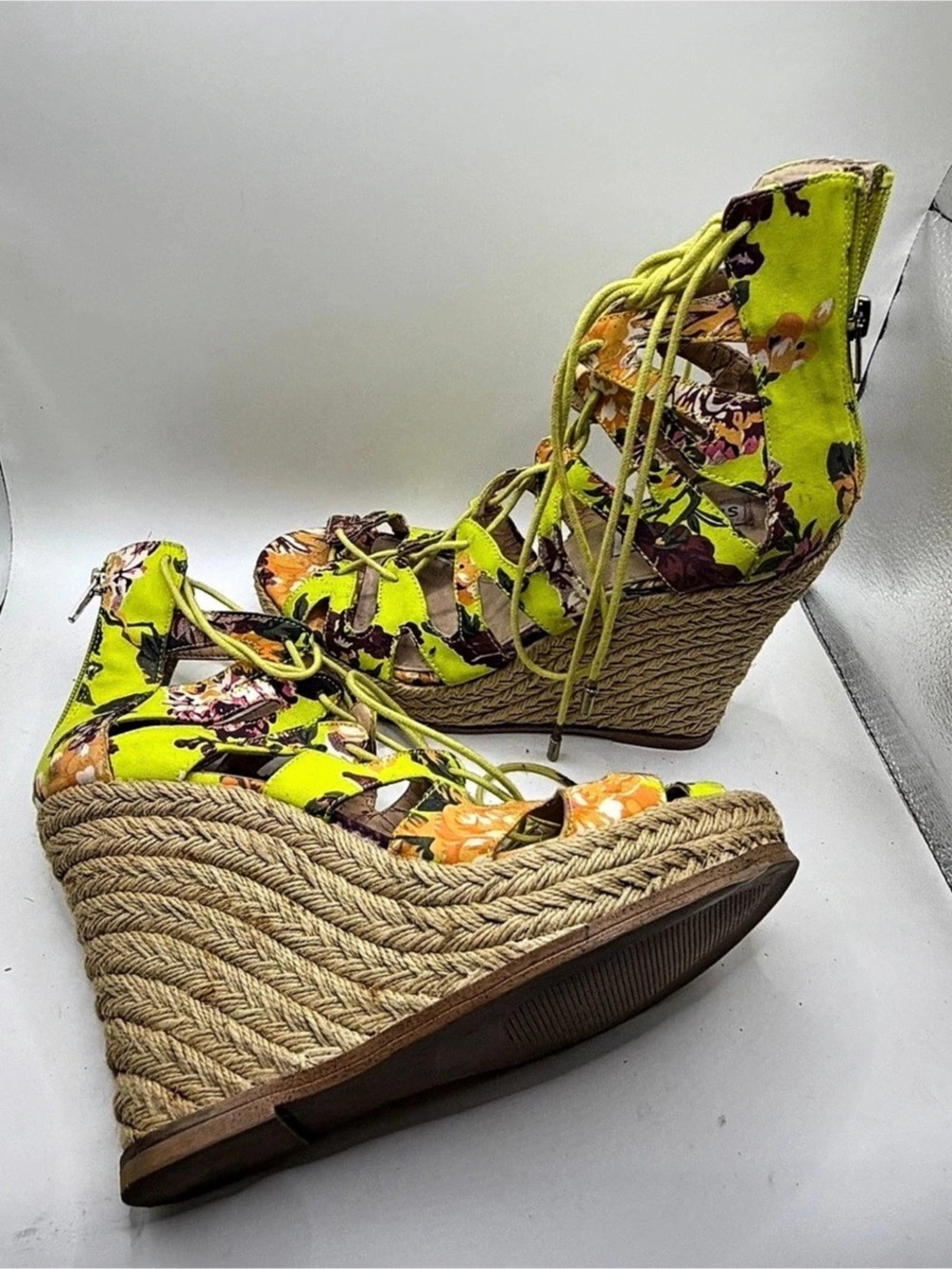 Steve Madden Neon Green Floral Lace-Up Espadrille Wedges - Size 9.5